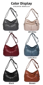 Color options of soft PU leather crossbody bags in grey, white, red, blue, black, and brown
