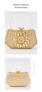 Detailed front and back views of a gold sunflower evening clutch with shimmering rhinestones