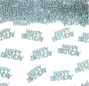 Close-up of blue glitter confetti in the shape of Happy Birthday for party table decor