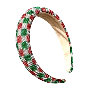 Sparkly multi-color rhinestone headband with red and green checkerboard pattern on beige fabric