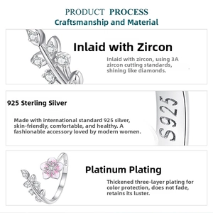 Detailed view of S925 sterling silver ring with pink enamel flower and zircon leaves