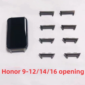 Metal connector adapters for smartwatches with 9-12/14/16mm opening sizes on white background