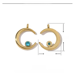 Detailed parameter view of gold crescent moon charms with rhinestones and measurements