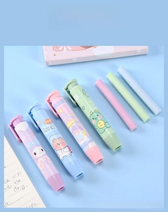 Close-up of four macaron-colored retractable erasers with cute cartoon character designs