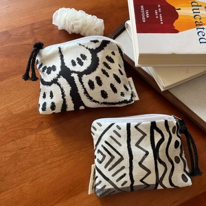 Bohemian linen mini coin purse set with cat owl print and decorative tassel detail