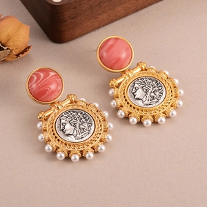 Vintage court style gold coin portrait earrings with faux pearls and pink marble texture