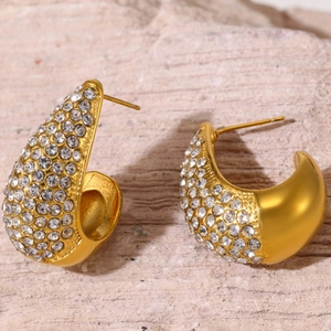 Elegant 18K gold plated teardrop stud earrings with pave set zircon crystals on stone