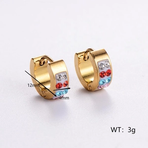 Main view of 12mm gold stainless steel huggie earrings with colorful multi-row rhinestones
