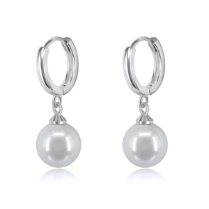 Elegant S925 silver needle drop earrings with white round pearls and polished hoops