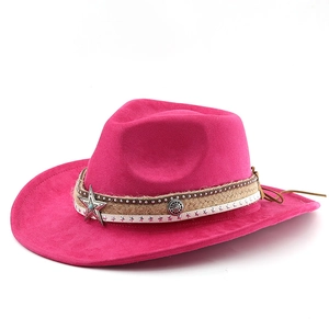 Detail of pink faux suede cowboy hat with layered decorative bands and star badge