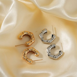 Chic gold and silver C-shaped chunky stud earrings with sparkling cubic zirconia inlay