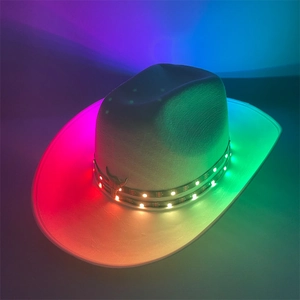 Detail of white LED cowboy hat featuring dual RGB light strips and metallic bull head ornament