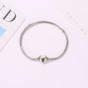 3MM silver plated snake chain bracelet with heart-shaped clasp on a clean white background