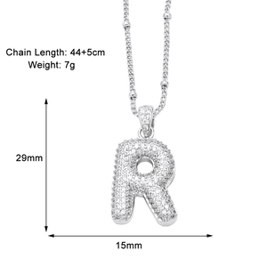 Detailed view of silver letter R pendant necklace with dimensions and sparkling cubic zirconia