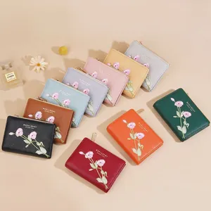 Baellerry short trifold wallets with floral embroidery in multiple leather colors