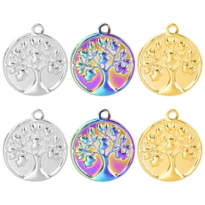 Tree Of Life Pendant Necklace Stainless Steel Round Embossed Mirror Finish Vacuum Plating Rainbow Gold Silver For Women