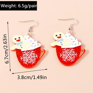 Detailed view of red coffee cup Christmas earrings with gingerbread man and size dimensions