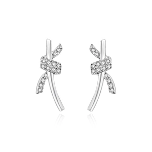 Knot Stud Earrings S999 Pure Silver With Clear Zircon Ribbon Bow Minimalist Shiny Geometric Jewelry For Women