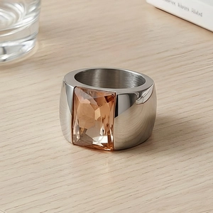 Detail view of bold stainless steel ring featuring a large champagne rectangular gemstone