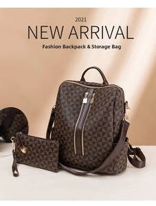 Close-up of brown geometric printed backpack set with matching accessory pouch