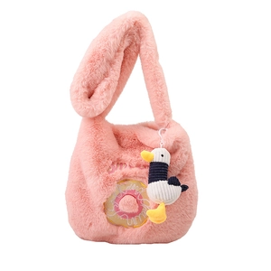 Pink faux fur tote bag with donut embroidery and cute bird keychain for casual style