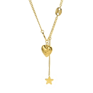 Gold titanium steel Y-necklace with Love heart and star charms on beaded chain link