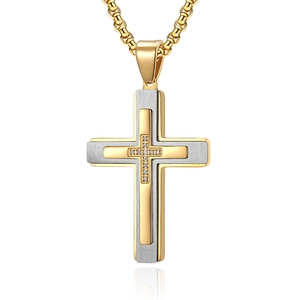 Three-layer gold and silver stainless steel cross pendant necklace with inset crystal