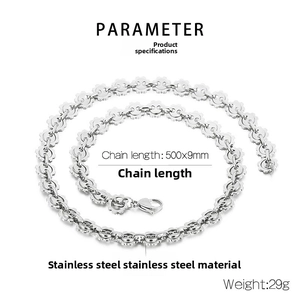 Detailed view of 500mm stainless steel floral link chain with lobster clasp and dimensions