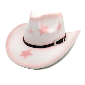 Cream western cowboy hat with pink stars and vintage silver engraved buckle buckle