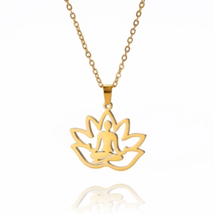 Golden lotus flower necklace with meditation silhouette pendant on white background