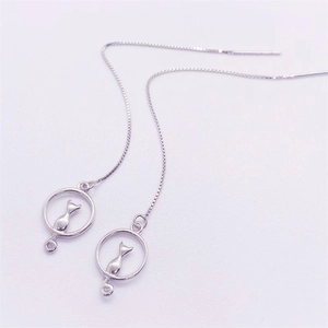 Minimalist S925 sterling silver cat moon threader earrings with openwork round pendant