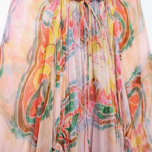 Women's casual loose midi dress featuring colorful abstract floral print and pleated fabric
