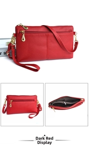 Detailed view of burgundy crossbody bag with multiple zipper pockets and textures