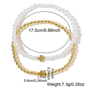 Faux pearl and gold bead cross bracelet set with 17.5cm circumference for women