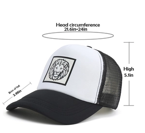 Detailed view of trucker hat showing dimensions with lion patch and mesh panels
