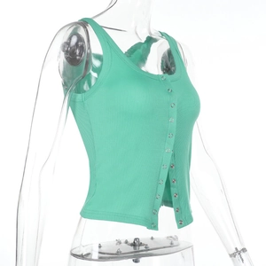 Detail view of mint green ribbed knit fabric and metallic button accents on tank top