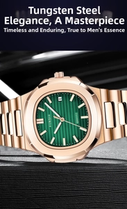 Detailed view of emerald green striped dial and rose gold octagonal quartz watch