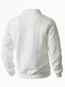 Detailed back view showing premium white jacquard knit texture and ribbed collar on the sweater