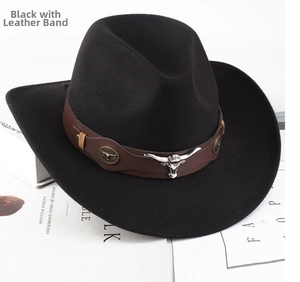 Western style black felt cowboy hat with brown leather band and bull head ornament