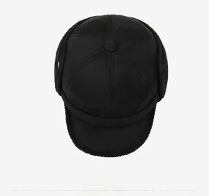 Top view of men's thermal winter trapper hat with black suede and thick fleece lining