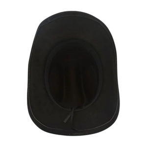 Top down view of a black felt cowboy hat showing the crown interior and sweatband
