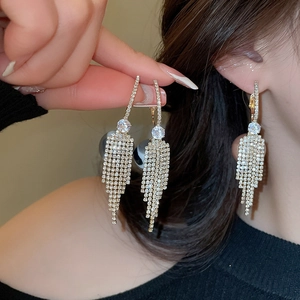 Detail of silver long tassel earrings with sparkling rhinestones worn by a model