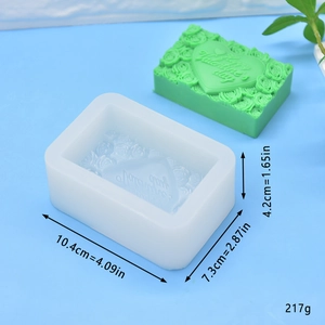 Rose heart silicone soap mold with Happy Valentine's Day text and dimensions 10x7x4cm