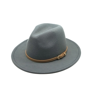 Detailed shot of dark grey wool fedora hat with brown leather belt and gold buckle