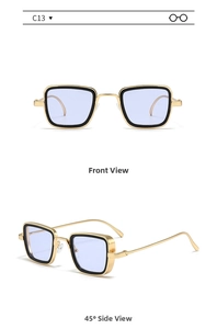 Front and 45-degree angle view of vintage square metal frame sunglasses with light blue lenses