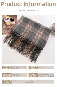 Vue détaillée de l'écharpe à carreaux avec pompons et spécifications du tissu doux