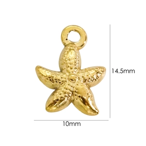 Macro detail of a 14.5mm golden starfish pendant showing metallic texture and size