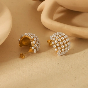 Vintage Chunky Half Hoop Earrings 18K Gold Plated Stainless Steel With Pavé CZ And Imitation Artificial Pearl For Women