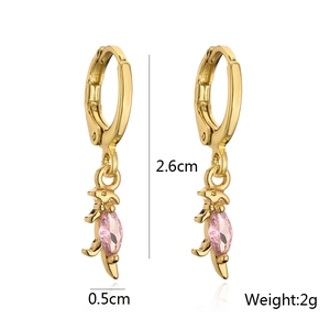 Detail view of gold hoop earrings with pink gemstone pendants and size measurements