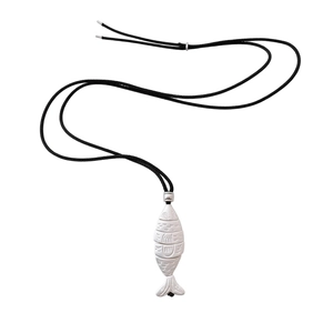 Vintage matte silver fish pendant necklace with intricate scales on black rope